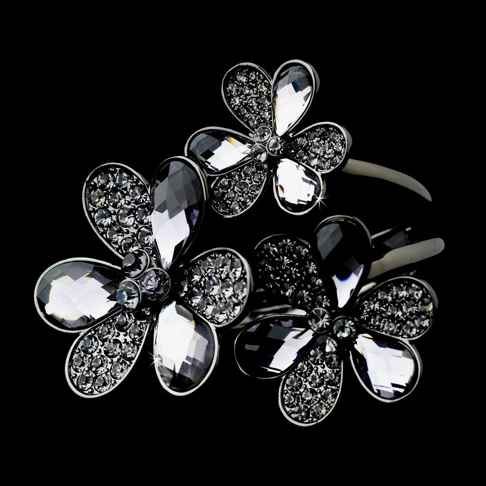 Rhodium Silver Black Crystal Flowers Cuff Bracelet