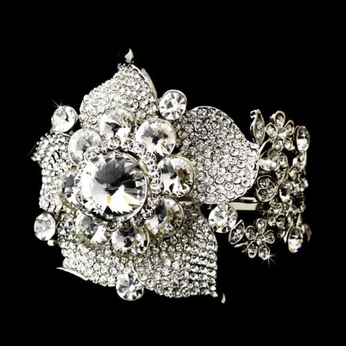 Silver Rhinestone Crystal Floral Cuff Bracelet