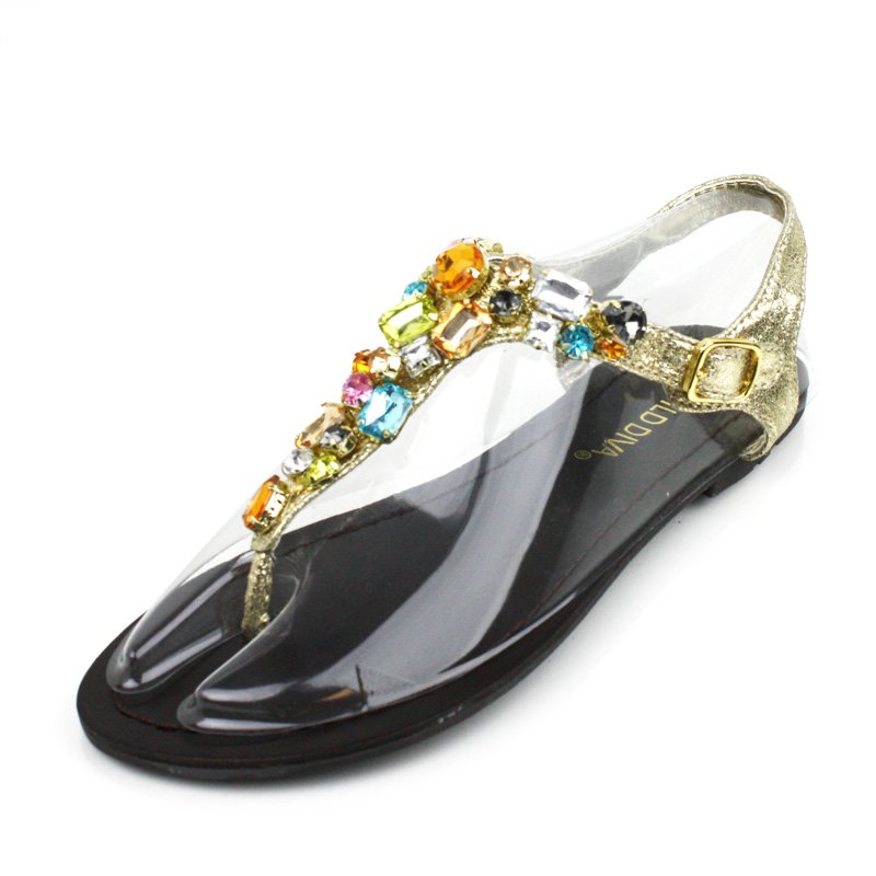 Gold Jeweled Flat Sandals Womens Shoes