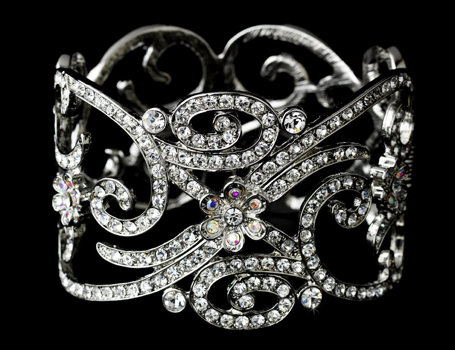 Silver Romantic AB Rhinestone Floral Bangle Bracelet