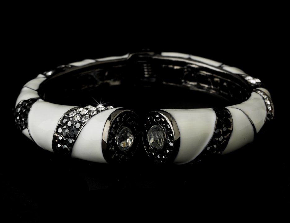 Silver White Enamel Black Crystal Cuff Bracelet