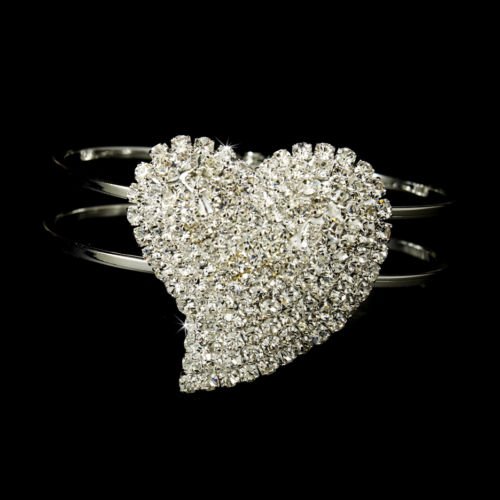 Silver Rhinestone Crystal Heart Cuff Bridal Bracelet