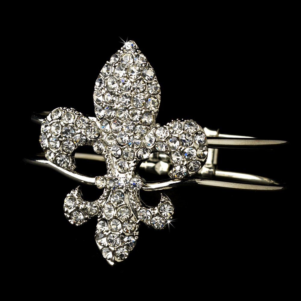 Silver Rhinestone Crystal Fleur De Lis Cuff Bracelet