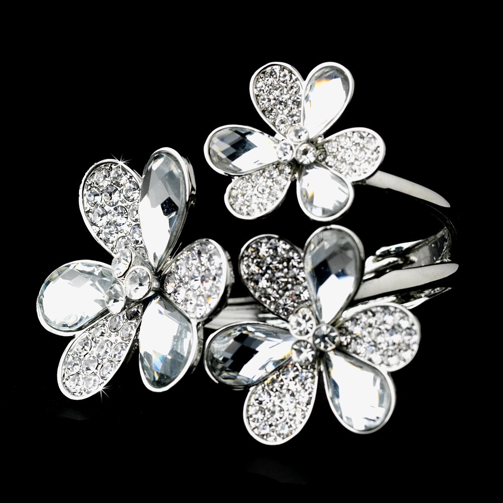 Rhodium Silver Clear Crystal Flowers Cuff Bracelet