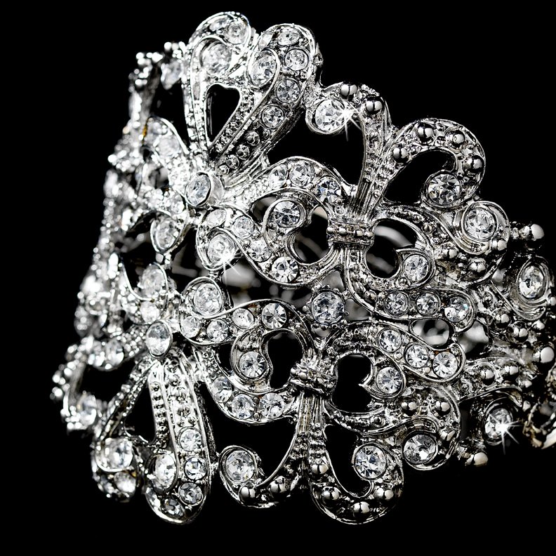 Silver Antique Heart Rhinestone Crystal Cuff Bracelet