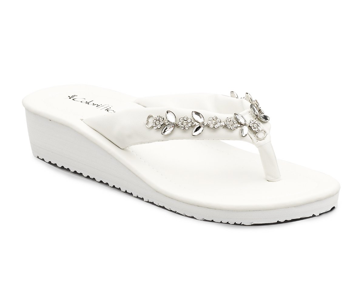 White Rhinestones Flip Flop Wedge Heel Shoe