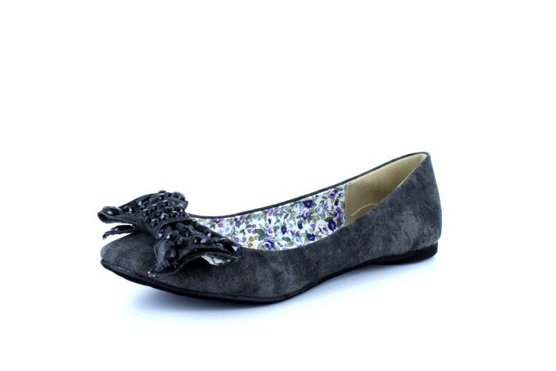 Black Studded Bow Canvas Flats Womens Shoes