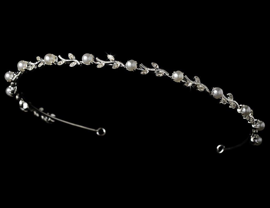 Silver White Pearl Rhinestone Floral Vine Bridal Tiara