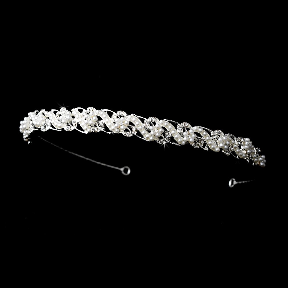 Silver Rhinestone Pearl Swirl Floral Bridal Tiara