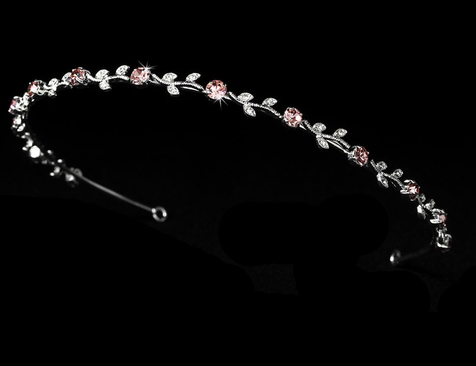 Silver Pink Clear Rhinestone Floral Vine Bridal Tiara