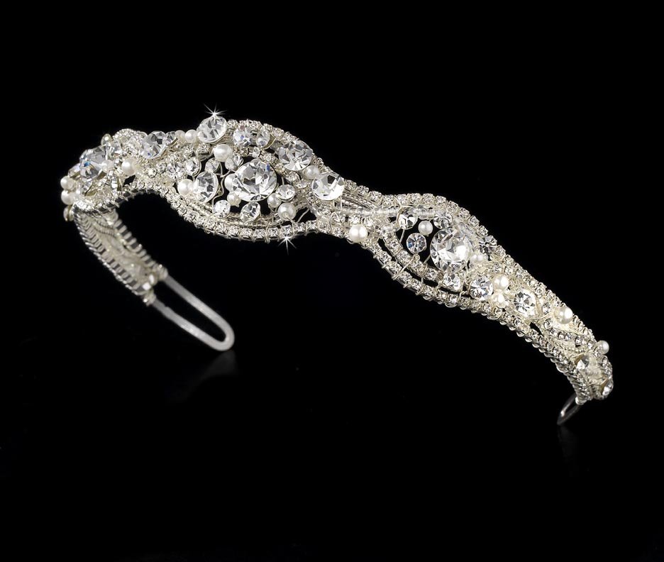 Silver Sparkling Rhinestone White Pearl Bridal Tiara