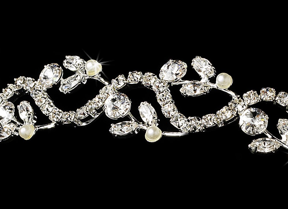 Silver White Pearl Rhinestone Floral Vine Tiara
