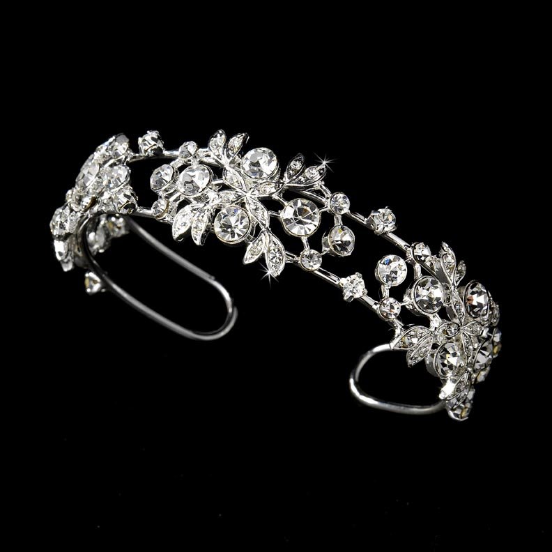 Silver Rhinestone Crystal Floral Bridal Cuff Bracelet