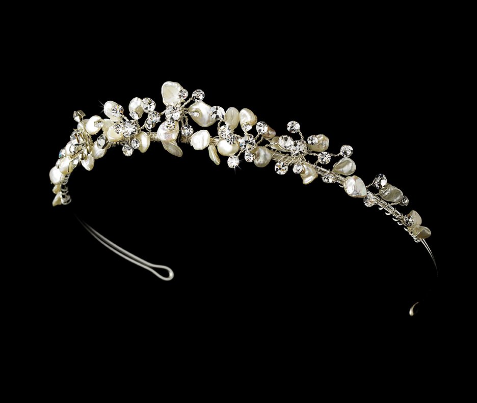 Silver Rhinestone Keshi Pearl Floral Bridal Tiara