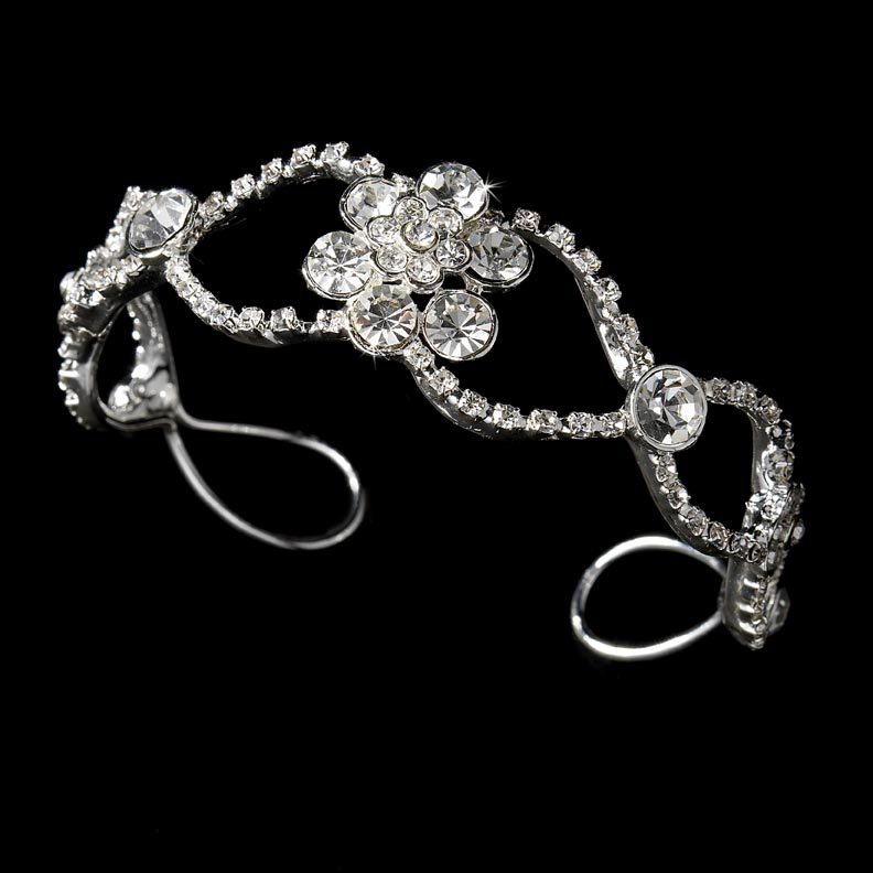 Silver Rhinestone Crystal Flower Bridal Cuff Bracelet