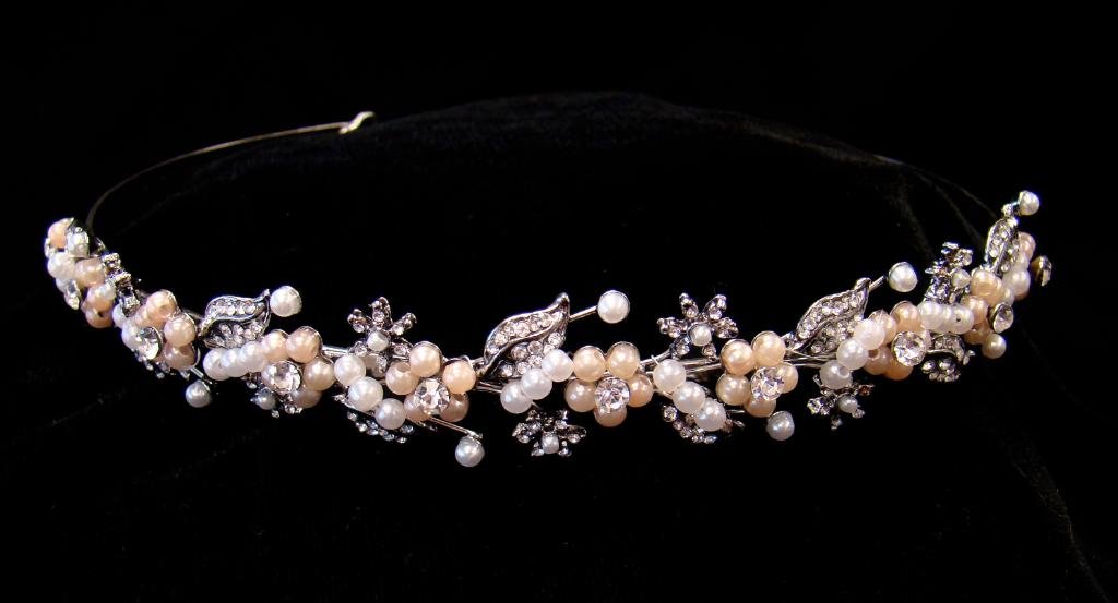 Silver Pink White Pearl Rhinestone Bridal Tiara