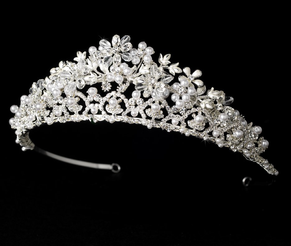 Silver Elegant White Pearl Crystal Bridal Tiara
