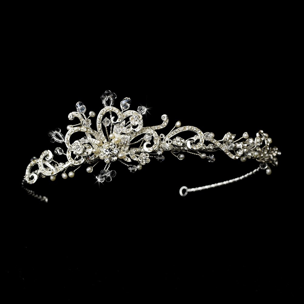 Silver Austrian Crystal Ivory Pearl Bridal Tiara