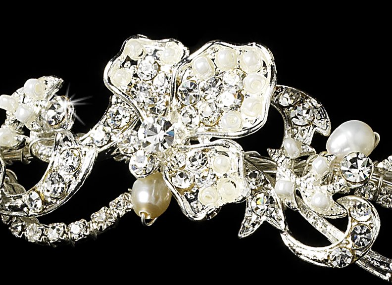 Silver Rhinestone White Pearl Elegant Tiara