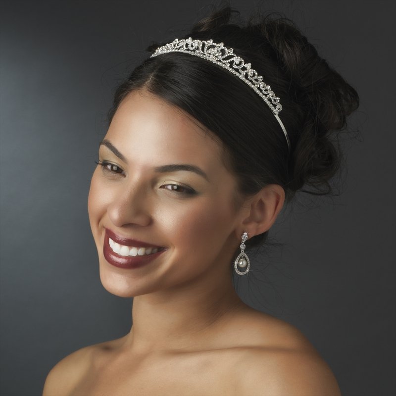 Silver Rhinestone Crystal White Pearl Bridal Tiara