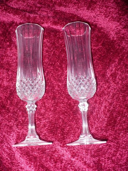 2 Crystal Champagne Flutes - faceted bowls