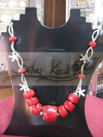 N027necklace with red stone beads&silver star fish