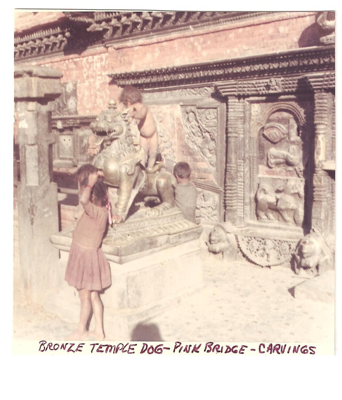 Vintage Photograph Bronze Temple Dog Pink Bridge Carvings Nepal 1968