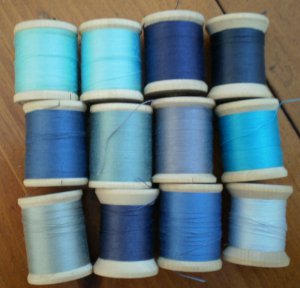 Belding Corticelli Wooden Spools Blue Thread Vintage Lot 12 Shades Mercerized Cotton