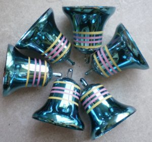 Plastic Bell Ornaments Lot 6 Blue Striped No Ringer Christmas Decoration
