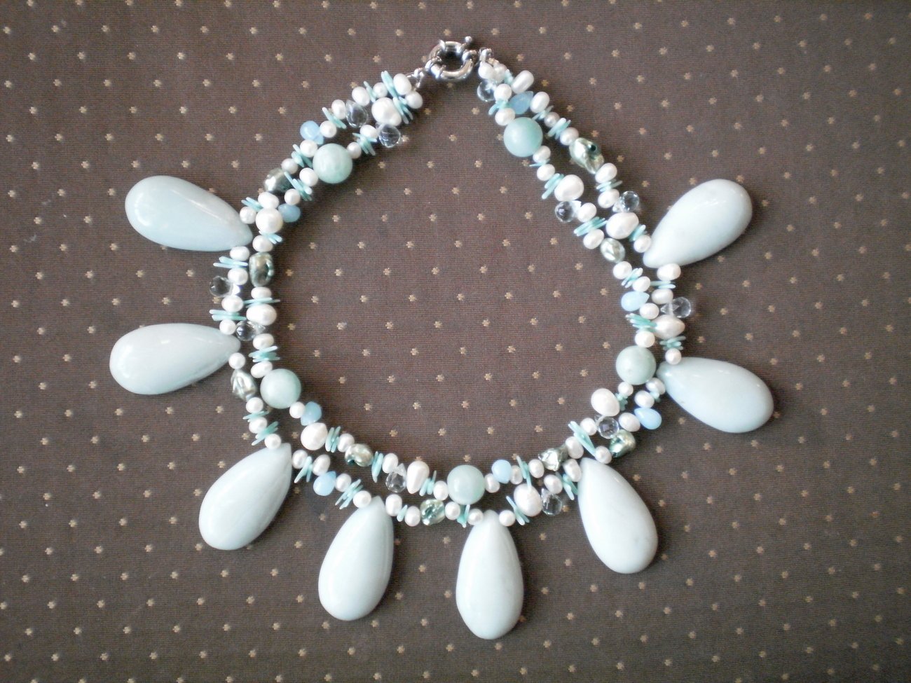 Freshwater Pearl Bead Double Strand Necklace Blue Stone Chunky