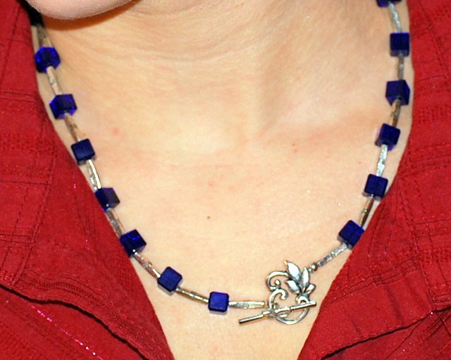 Cobalt cube and silver necklace