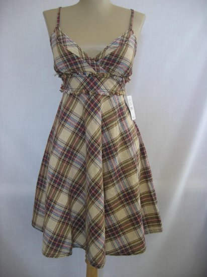 Free People Red Plaid Linen Blended Smocked Dress Sz 8
