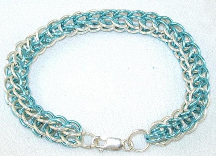 7 1/2" Full Persian Chain Mail Bracelet, 2 Tone Silver & Ice Blue w/Sterling Silver Clasp