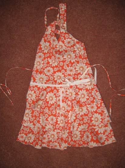 Ruffled ORANGE & WHITE Floral Print HALTER SUNDRESS sz 8