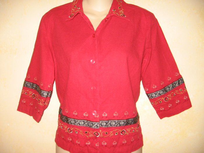 SAG HARBOR~Red w/EMBROIDERED TRIM 3/4 Slv TOP Hippy ETHNIC Boho PS