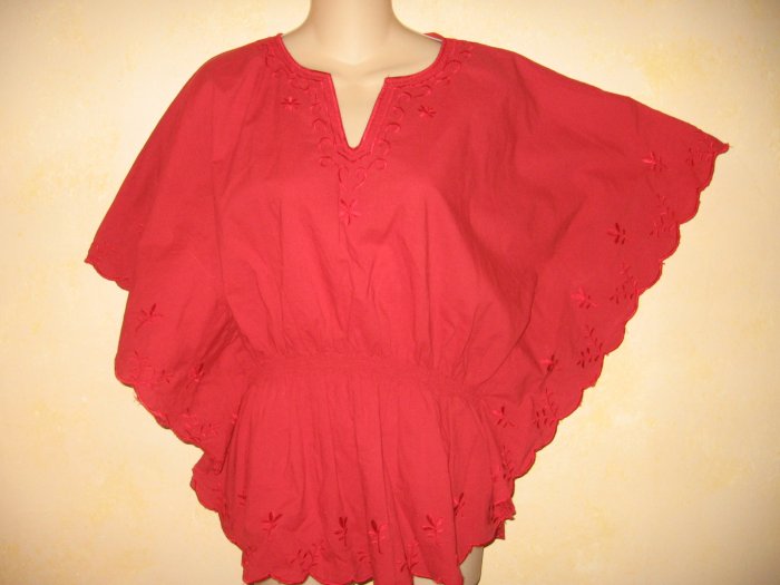 VINTAGE~HIPPIE Boho Red EMBROIDERED Batwing TOP XL
