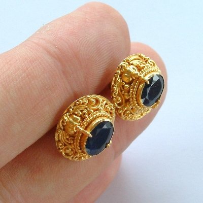 22K Gold Granulate Balinese Earrings with Blue Sapphire