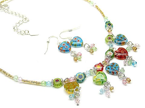 Italian Millifiori Heart Artglass Necklace & Earring Set