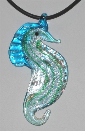 Murano Aqua Foil Artglass Seahorse Necklace