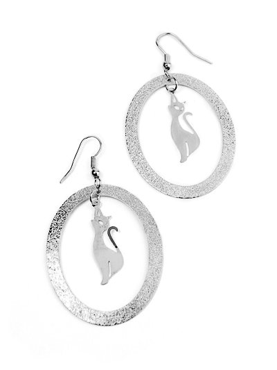 Silver Designer Style Kitty Cat Hoop Earrings