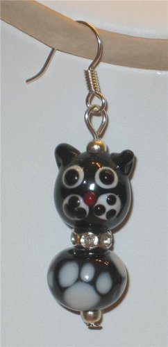 Artglass Lampwork Black Cat Crystal Dangle Earrings
