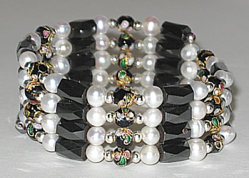 Black Cloisonne Fresh Water Pearl Healing Magnetic Hematite Necklace