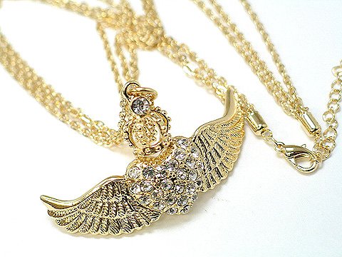 Austrian Crystal Gold Angel Wings Heart w/Crown Necklace