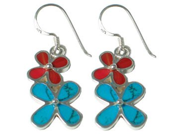 GENUINE TURQUOISE & CORAL STERLING SILVER DOUBLE FLOWER EARRINGS