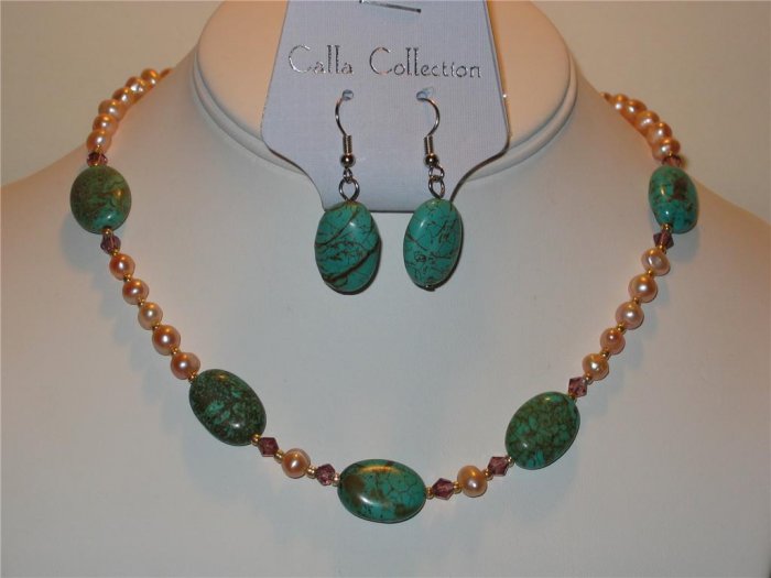 Large Oval Turquoise, Crystal & Fresh Water Pearl Necklace & Earring Set