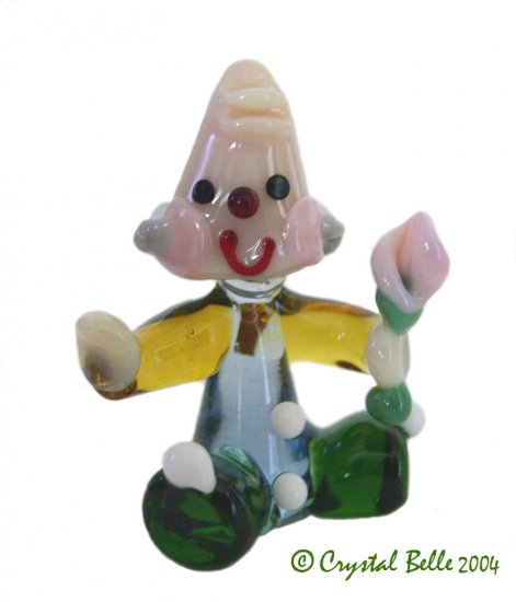 Art Glass Hand Blown Miniature Circus Clown with Flower Figurine