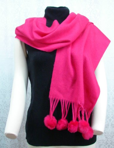 LA FIORENTINA PINK SCARF SHAWL Wool FUR BALL Fringe