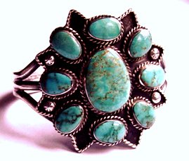 NATIVE AMERICAN NAVAJO KINGMAN TURQUOISE STERLING FINE HEAVY CLUSTER BRACELET JEWELRY