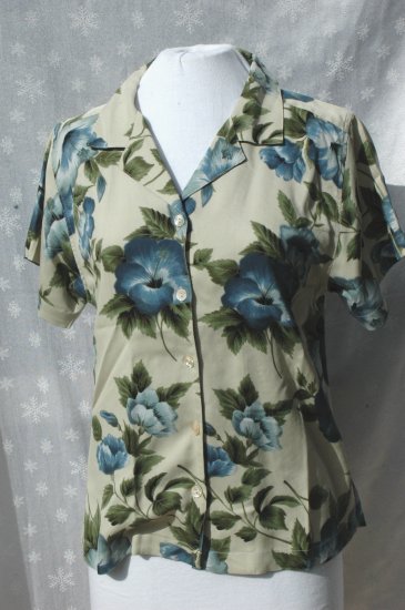 TOMMY BAHAMA Blue Hibiscus SILK Short Sleeve Blouse - Medium