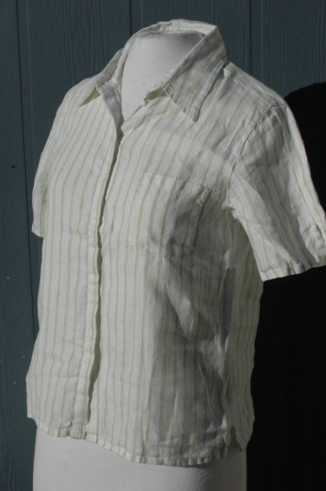 CHICO's White, green & blue pinstripe LINEN Blouse Top - Size 0